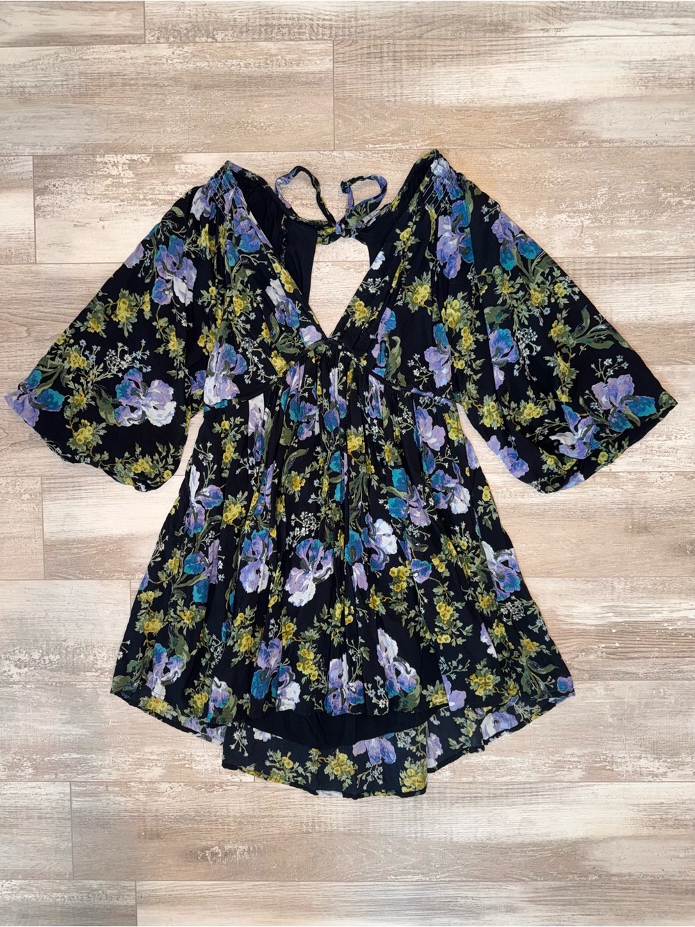 Free People Beck Floral Bell Sleeve Mini Dress Boho Open Back Festival Prairie